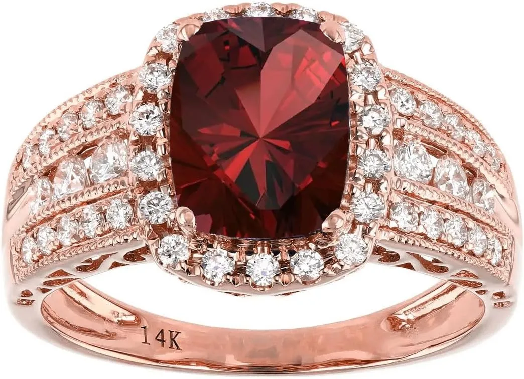 10K 14K 18K Gold 1/2 Cttw Diamond and Cushion Gemstone Engagement Ring for Women 2 Carat Cushion Cut Halo Gemstone Ring Size 4-15