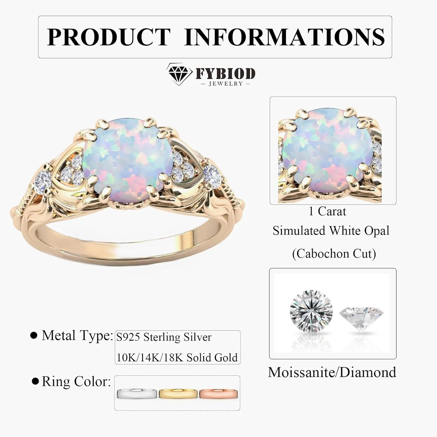 10K 14K 18K Gold Round Cut Gemstone Vintage Rings for Women 1 Carat Gemstone and Moissanite Promise Statement Anniversary Ring for Her
