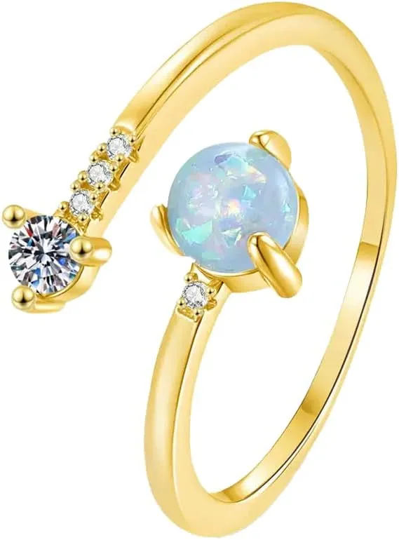 14K Gold Plated Adjustable Created Opal Rings - Stacking Rings for Women