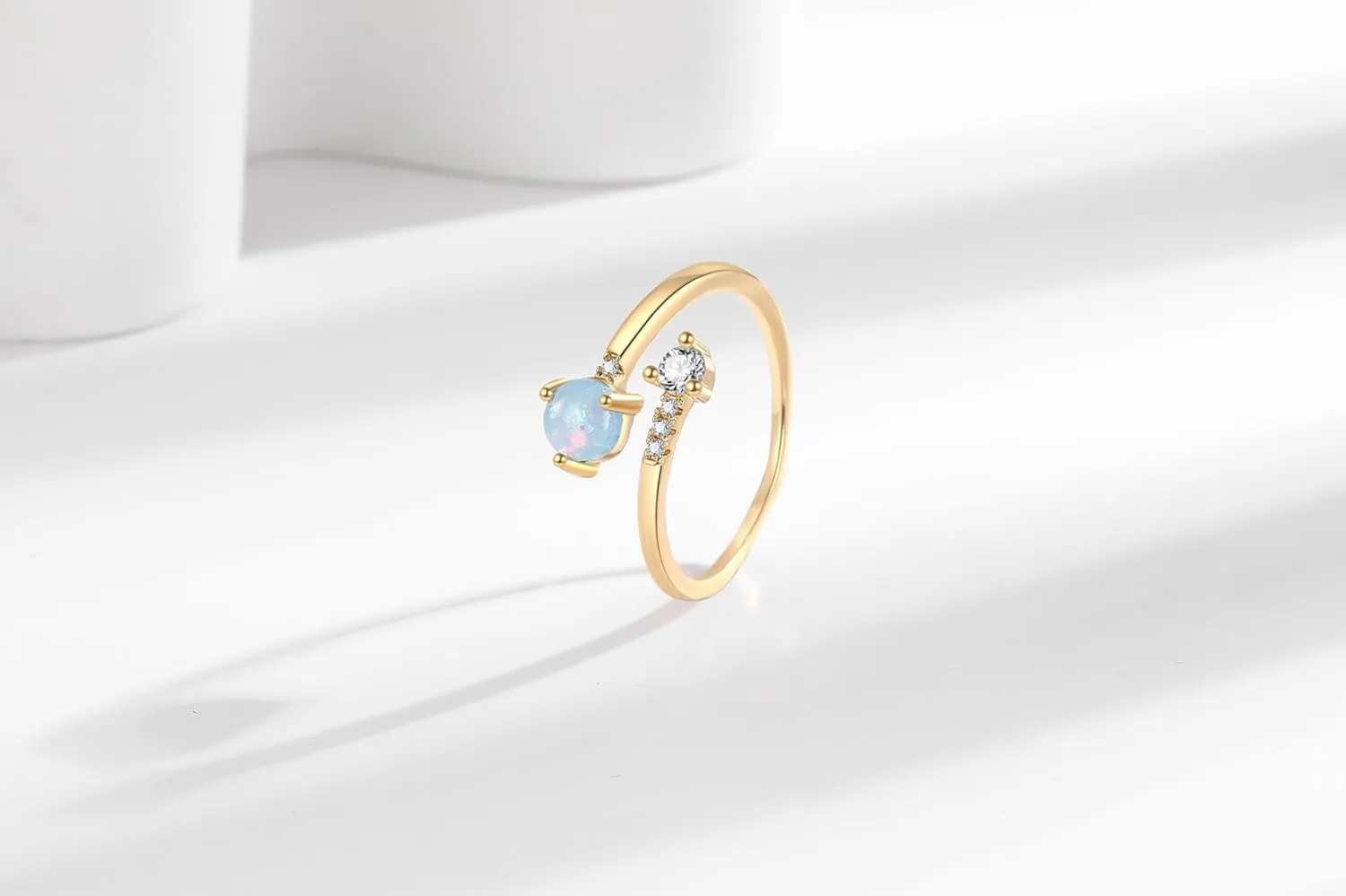 14K Gold Plated Adjustable Created Opal Rings - Stacking Rings for Women