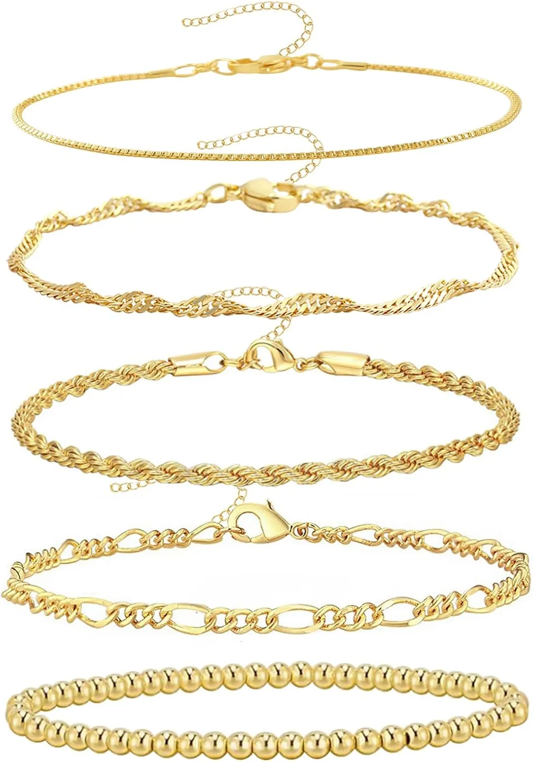 14K Gold Plated Chain Bracelets Set for Women Dainty Stackable Figaro Herringbone Paperclip Link Chain Bracelets Jewelry Pack Stack Gifts