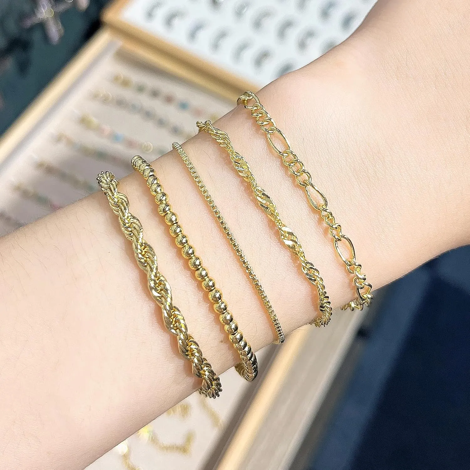 14K Gold Plated Chain Bracelets Set for Women Dainty Stackable Figaro Herringbone Paperclip Link Chain Bracelets Jewelry Pack Stack Gifts