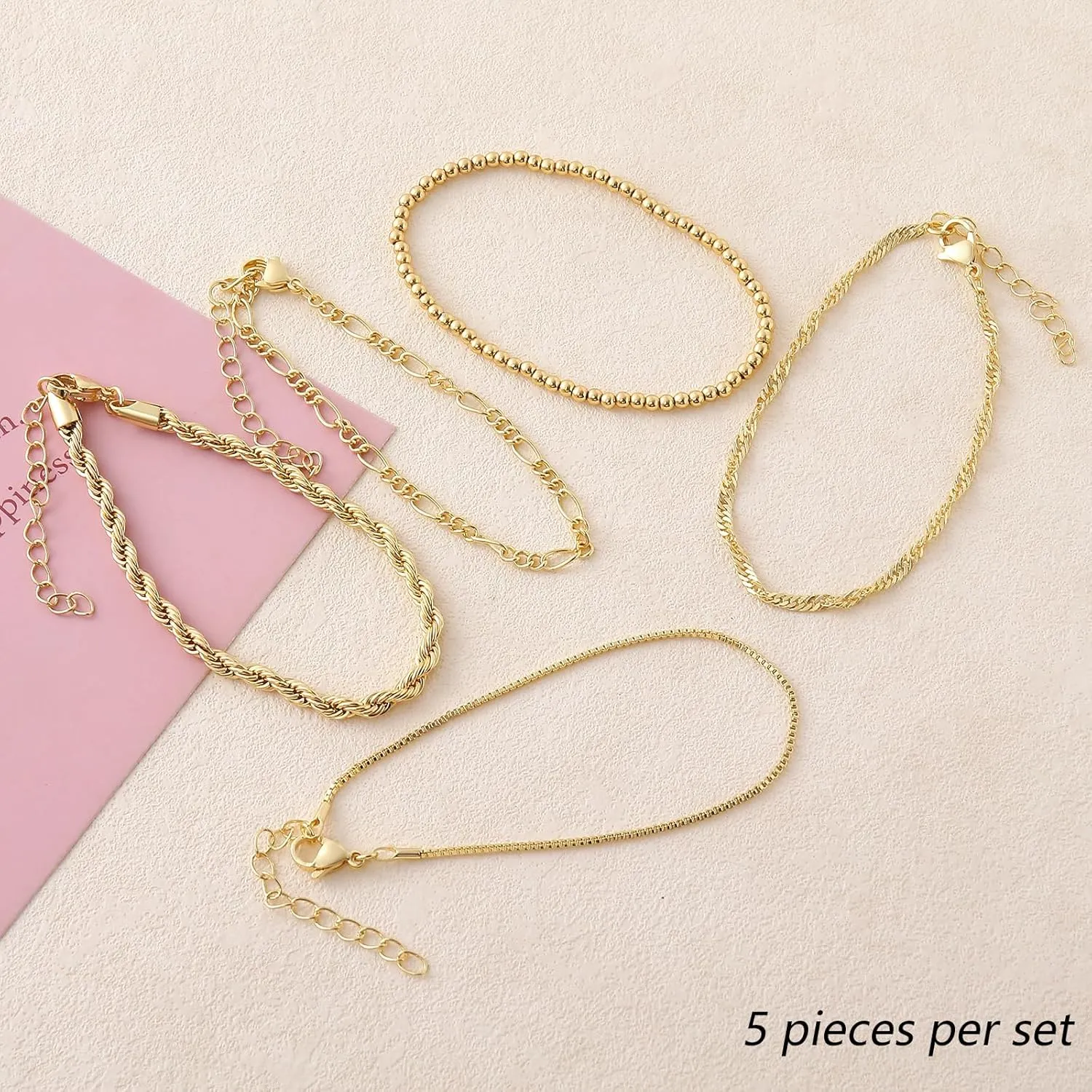 14K Gold Plated Chain Bracelets Set for Women Dainty Stackable Figaro Herringbone Paperclip Link Chain Bracelets Jewelry Pack Stack Gifts