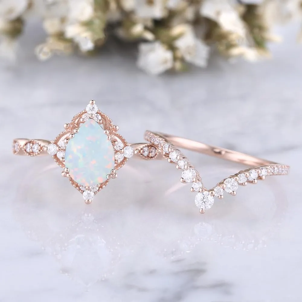 1.5ct Pear Shaped Gemstone Engagement Rings for Women 10K 14K 18K White Yellow Rose Gold Gemstone Wedding Ring Set Bridal Set 2pcs Vintage Inspired V Shaped Wedding Band Anniversary