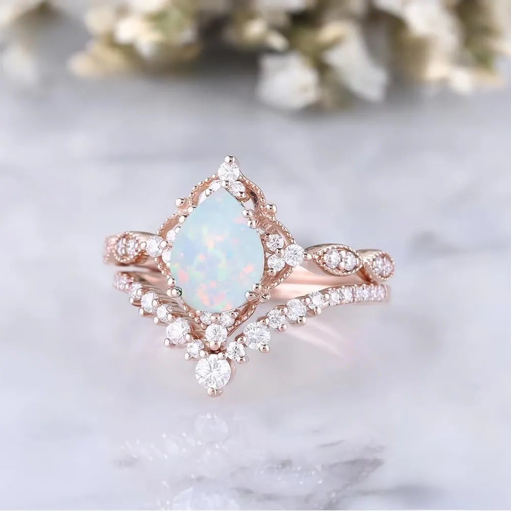 1.5ct Pear Shaped Gemstone Engagement Rings for Women 10K 14K 18K White Yellow Rose Gold Gemstone Wedding Ring Set Bridal Set 2pcs Vintage Inspired V Shaped Wedding Band Anniversary