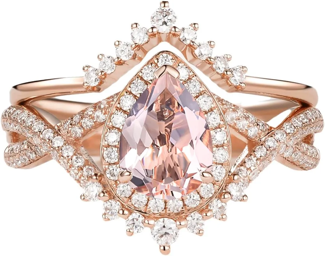 1.5ct Pear Shaped Gemstone Engagement Rings for Women 10K 14K 18K White Yellow Rose Gold Gemstone Wedding Ring Set Bridal Set Vintage Halo Infinity Ring 2pcs Inspired V Shaped Wedding Band Anniversary