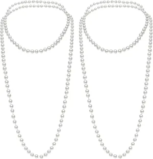 2 Pack Long Pearl Necklace for Women 1920s Costume Jewelry White Faux Pearls Strand Beads for Ladies