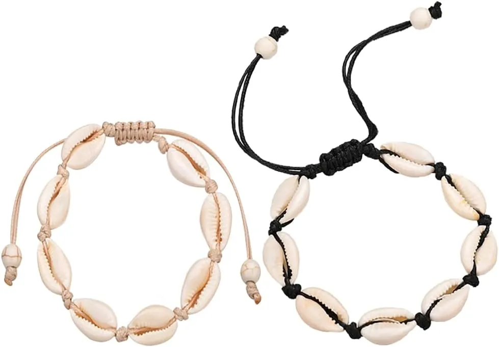 2 Pcs Adjustable Shell Bracelets Natural Cowrie Shell Beads Bracelets Seashells Anklet Bracelet Summer Beach Bracelet for Men Women