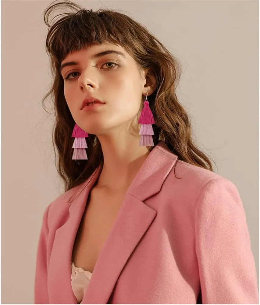 3 Tier Layered Colorful Tassel Earrings Bohemian Big Dangle Drop Fashion Jewelry Earrings for Women Valentine Birthday Party.