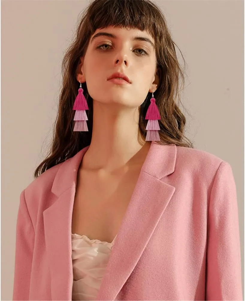 3 Tier Layered Colorful Tassel Earrings Bohemian Big Dangle Drop Fashion Jewelry Earrings for Women Valentine Birthday Party.