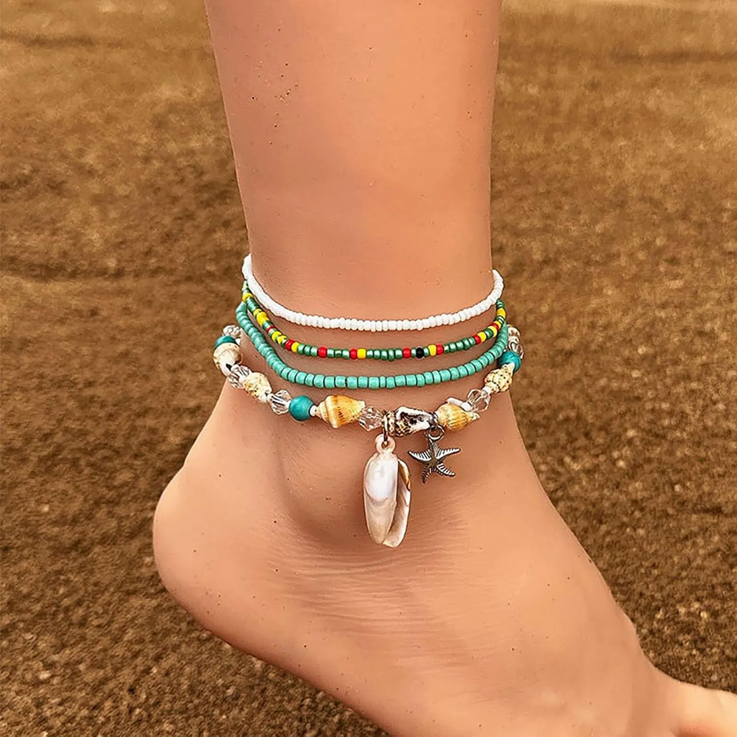 3/4 PCS Seashell Ankle Bracelets for Women Boho Beaded Bracelet Set Handmade Starfish Ankle Bracelet Beach Jewelry Gifts