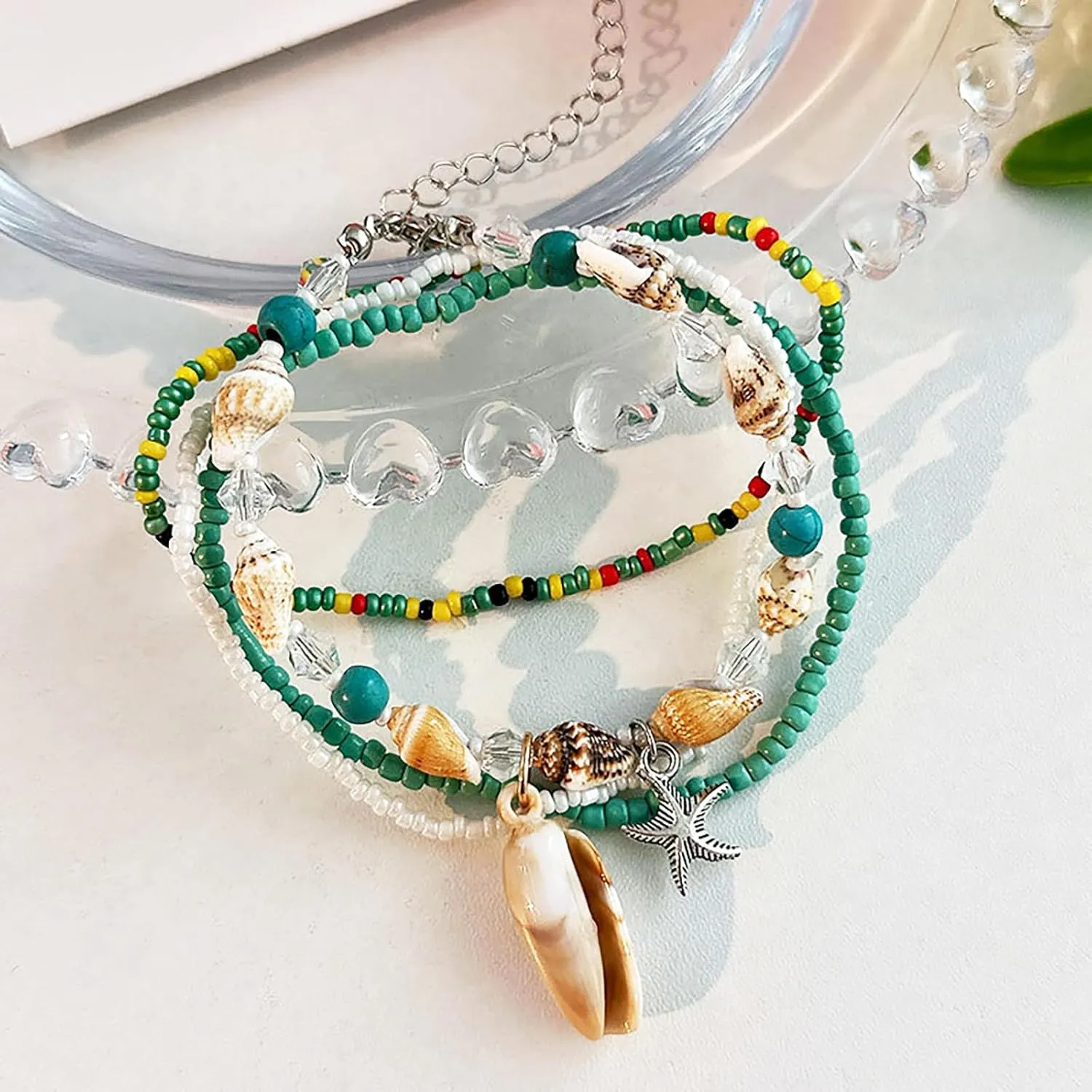 3/4 PCS Seashell Ankle Bracelets for Women Boho Beaded Bracelet Set Handmade Starfish Ankle Bracelet Beach Jewelry Gifts