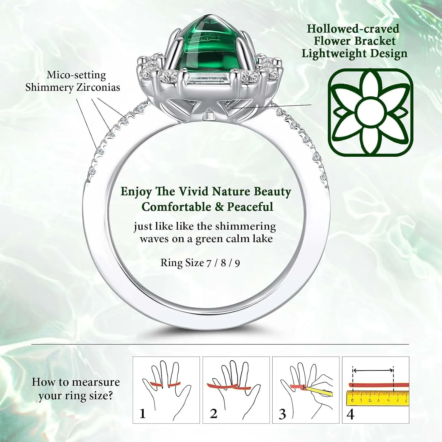 3.5CT White Gold Plated Emerald Green Statement Rings for Women, Sugar-Loaf Cut Square Halo Promise Rings for her, Cabochon Zirconia Engagement Rings, Birthday Anniversary Christmas Gifts for Women