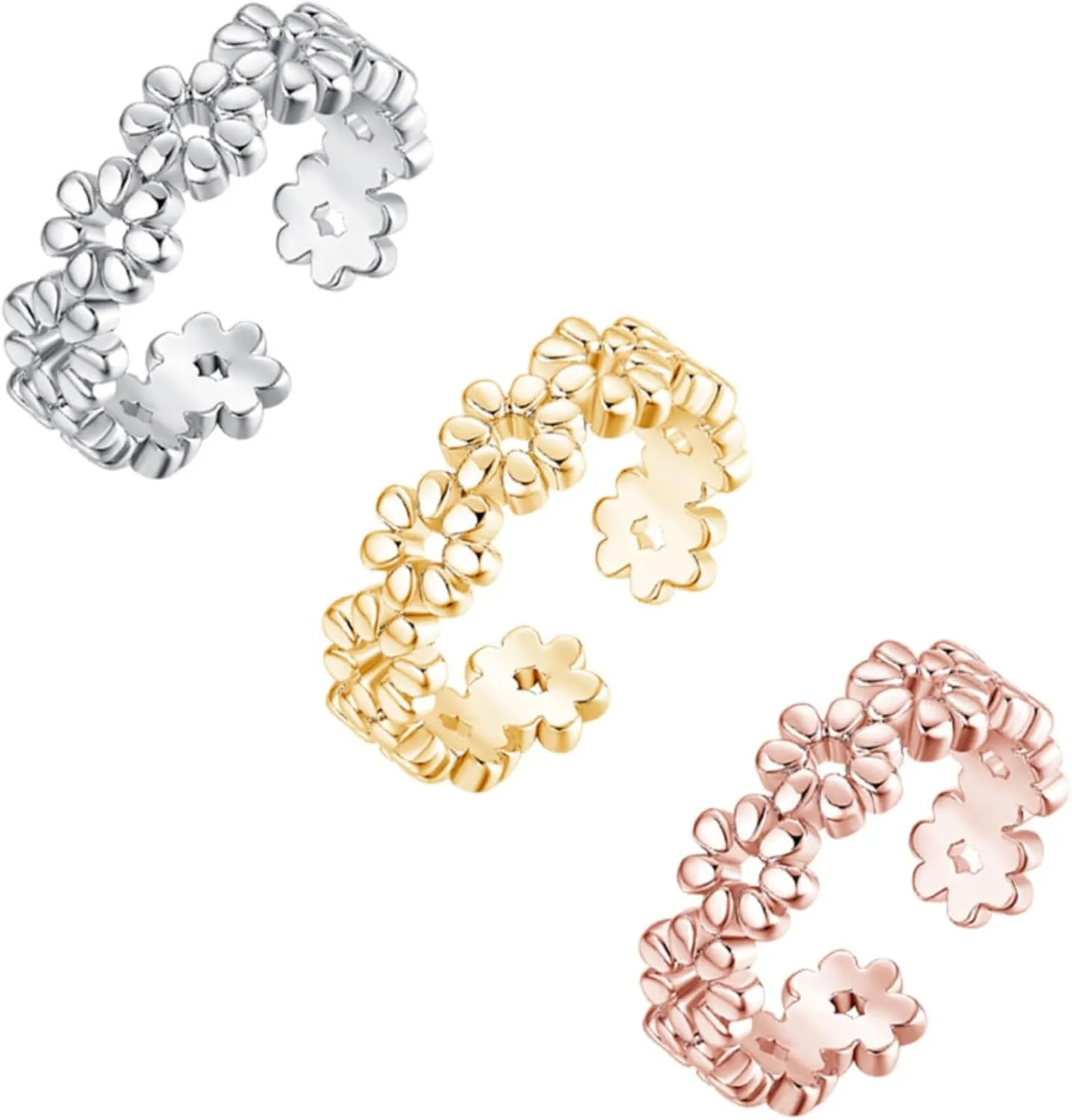 3PCS Adjustable Toe Rings for Women Girls Copper Sunflower Finger Ring Silver Gold Rose Sexy Open Knuckle Rings Band Summer Beach Foot Jewelry