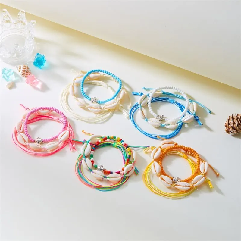 3Pcs Colorful Summer Beach String Wave Bracelets for Women Adjustable Handmade Braided Surfer Ankle Bracelet Boho Sea Shell Turtle Braided Rope Jewelry