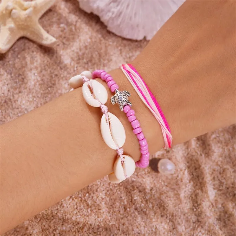 3Pcs Colorful Summer Beach String Wave Bracelets for Women Adjustable Handmade Braided Surfer Ankle Bracelet Boho Sea Shell Turtle Braided Rope Jewelry