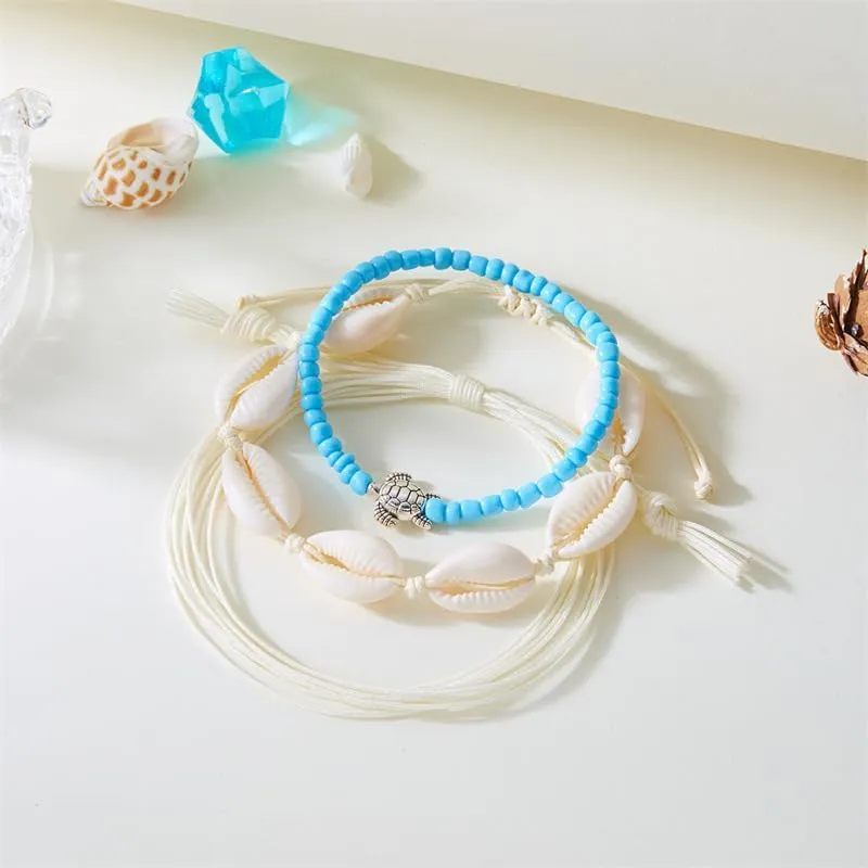3Pcs Colorful Summer Beach String Wave Bracelets for Women Adjustable Handmade Braided Surfer Ankle Bracelet Boho Sea Shell Turtle Braided Rope Jewelry