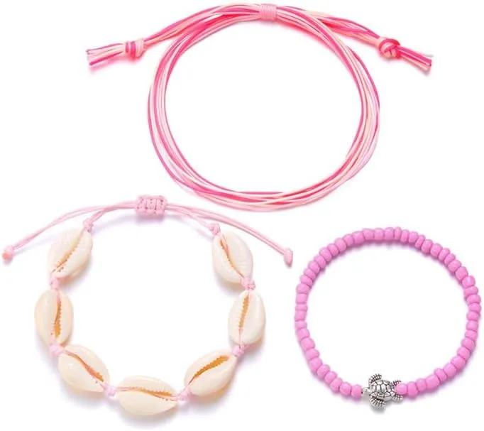 3Pcs Colorful Summer Beach String Wave Bracelets for Women Adjustable Handmade Braided Surfer Ankle Bracelet Boho Sea Shell Turtle Braided Rope Jewelry