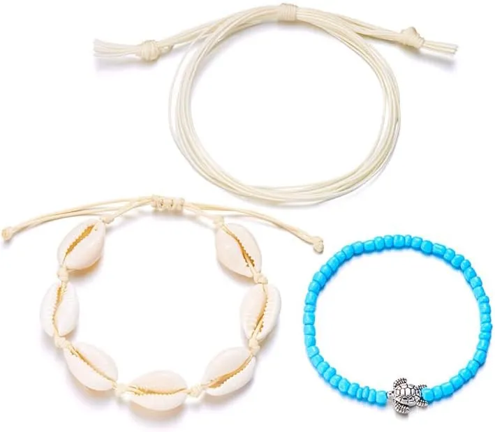 3Pcs Colorful Summer Beach String Wave Bracelets for Women Adjustable Handmade Braided Surfer Ankle Bracelet Boho Sea Shell Turtle Braided Rope Jewelry