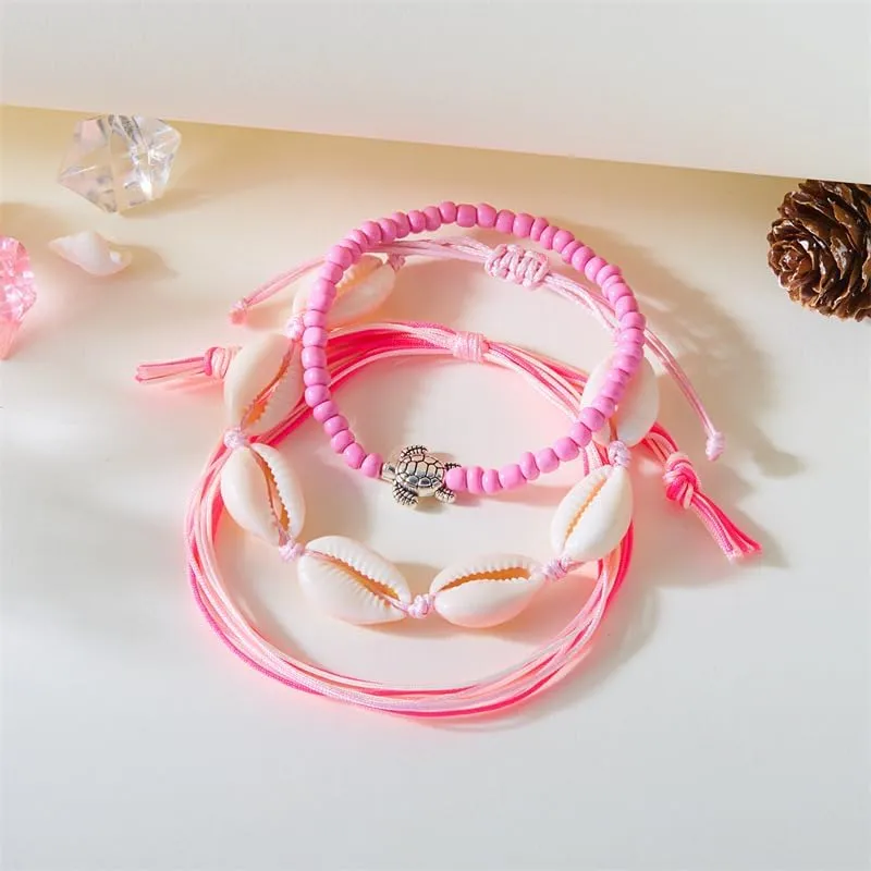 3Pcs Colorful Summer Beach String Wave Bracelets for Women Adjustable Handmade Braided Surfer Ankle Bracelet Boho Sea Shell Turtle Braided Rope Jewelry