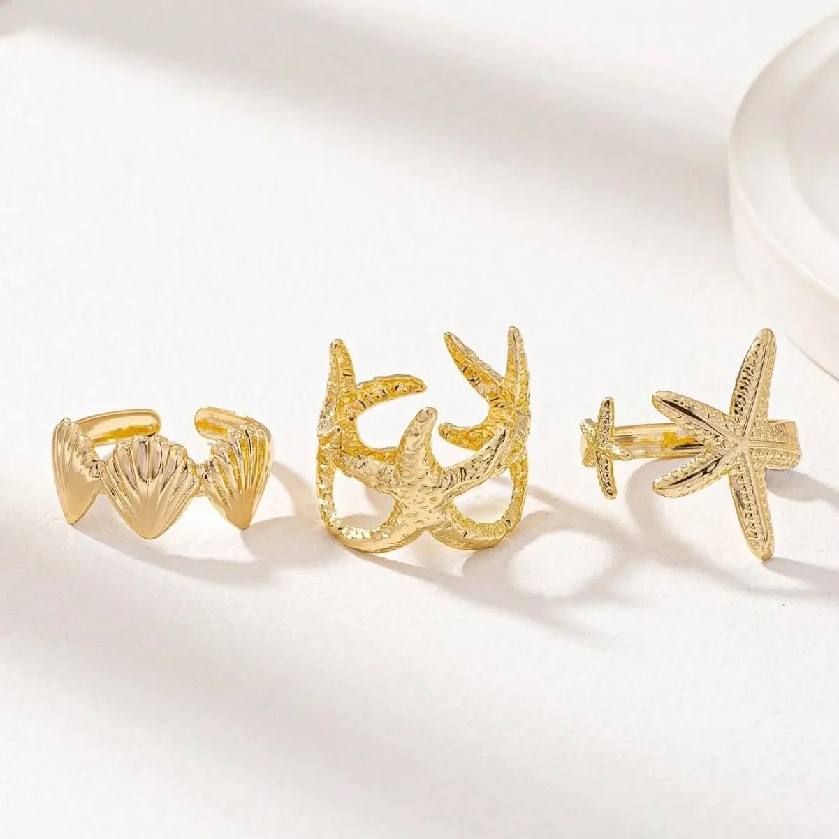 3Pcs Gold Set Seashell Starfish Ring For Women, 18k Gold Dainty Summer Beach Wave Stackable Open Rings Adjustable Surfer Fashion Beachy Jewelry Gifts