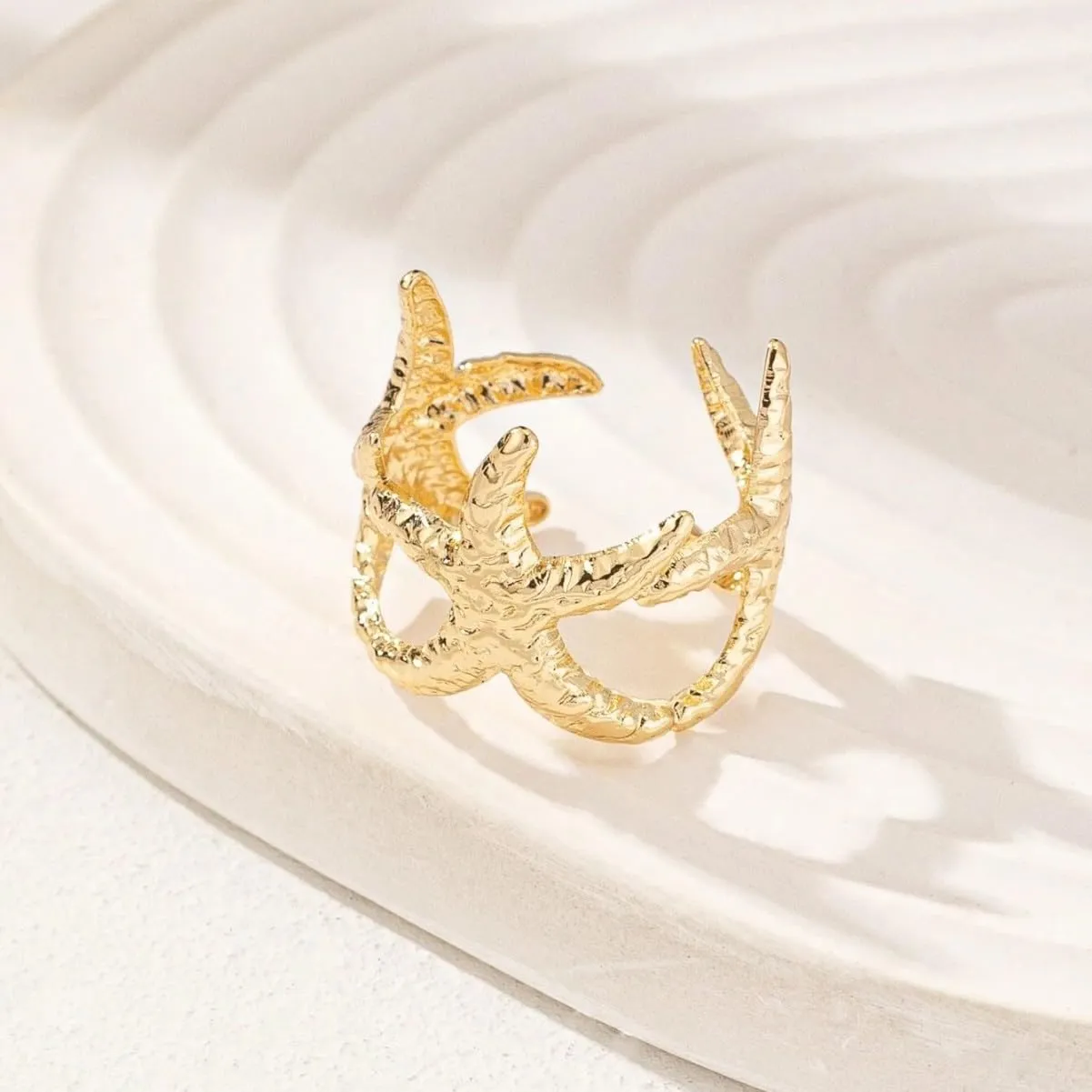 3Pcs Gold Set Seashell Starfish Ring For Women, 18k Gold Dainty Summer Beach Wave Stackable Open Rings Adjustable Surfer Fashion Beachy Jewelry Gifts