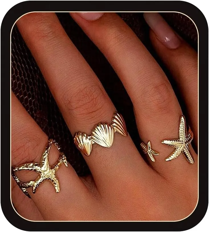 3Pcs Gold Set Seashell Starfish Ring For Women, 18k Gold Dainty Summer Beach Wave Stackable Open Rings Adjustable Surfer Fashion Beachy Jewelry Gifts