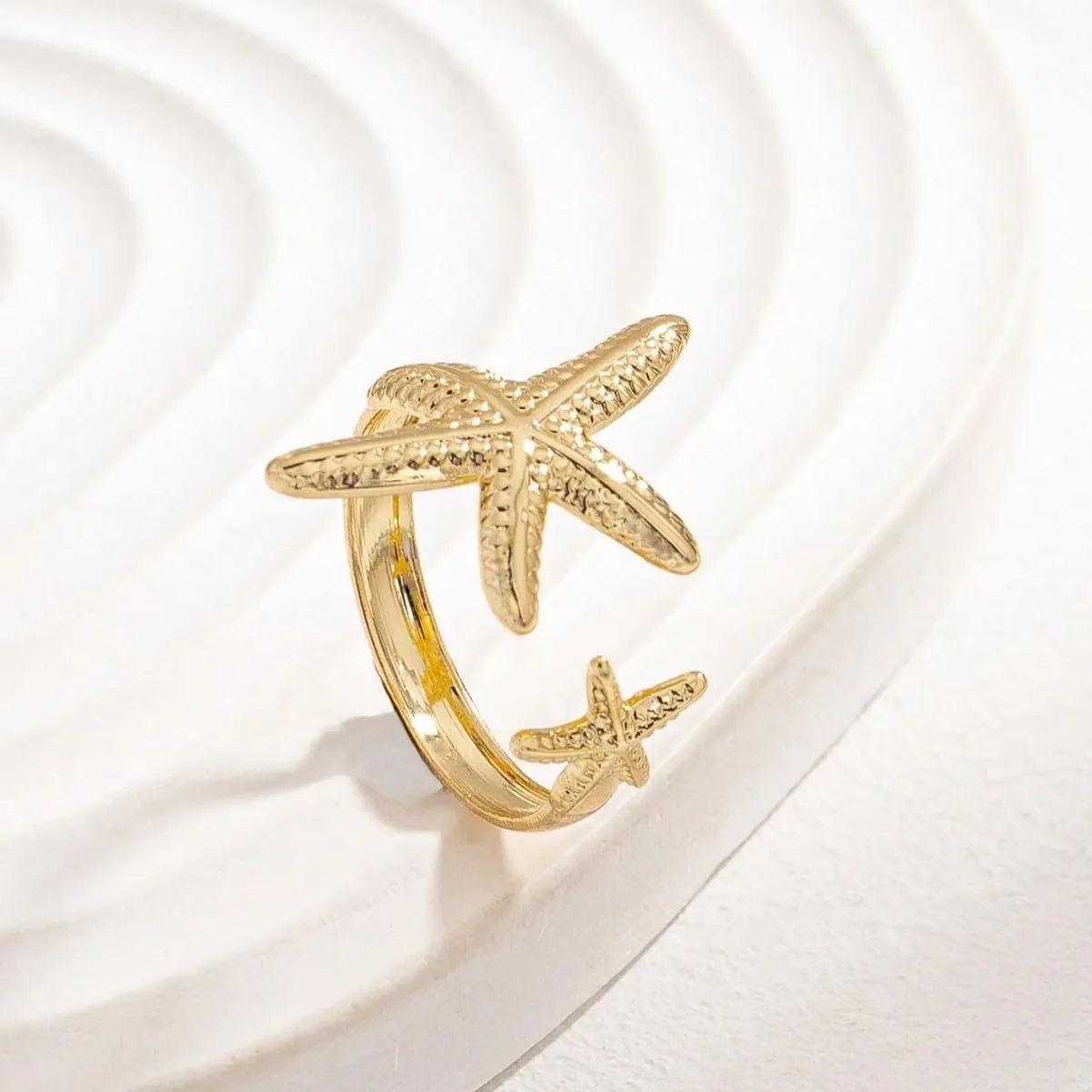 3Pcs Gold Set Seashell Starfish Ring For Women, 18k Gold Dainty Summer Beach Wave Stackable Open Rings Adjustable Surfer Fashion Beachy Jewelry Gifts