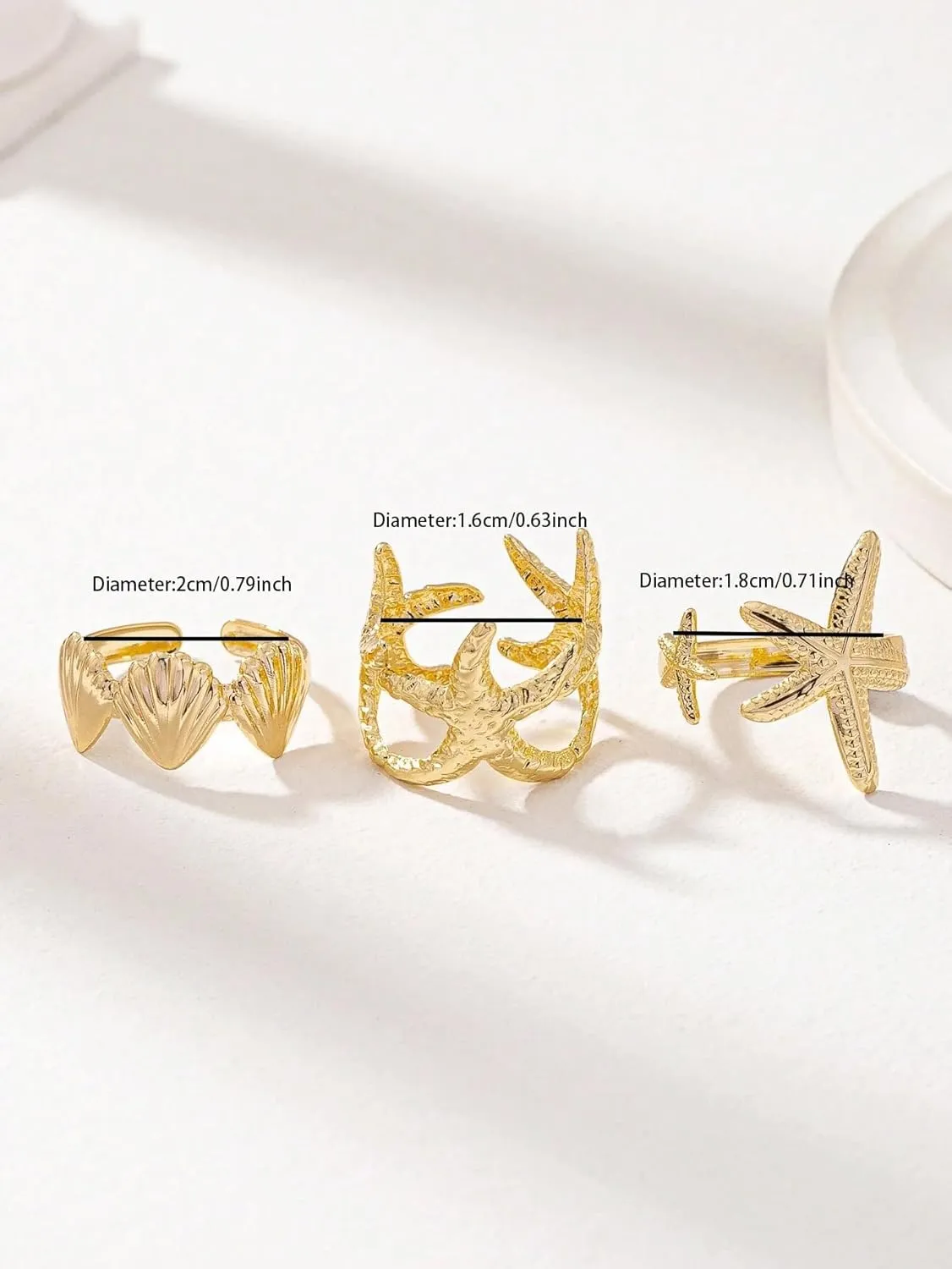 3Pcs Gold Set Seashell Starfish Ring For Women, 18k Gold Dainty Summer Beach Wave Stackable Open Rings Adjustable Surfer Fashion Beachy Jewelry Gifts
