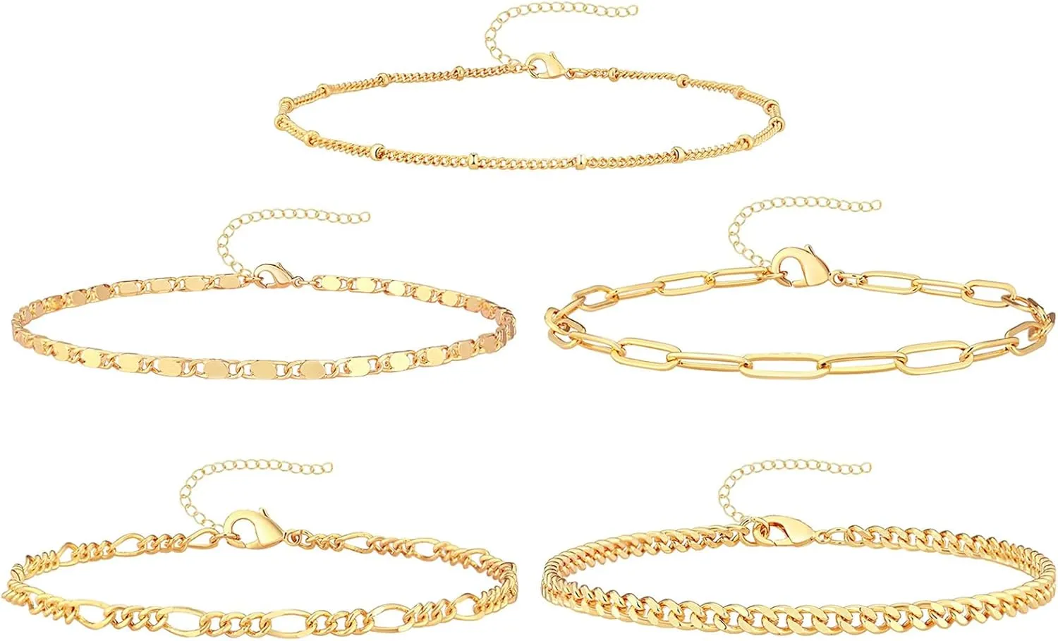5 Pcs Gold Bracelet Set for Women 14K Gold Plated Chain Jewelry Adjustable 7 2 Inch Plus Size Larger Wrists Stackable Cuff Rose Golden Bracelets for Small and Large Wrist Present