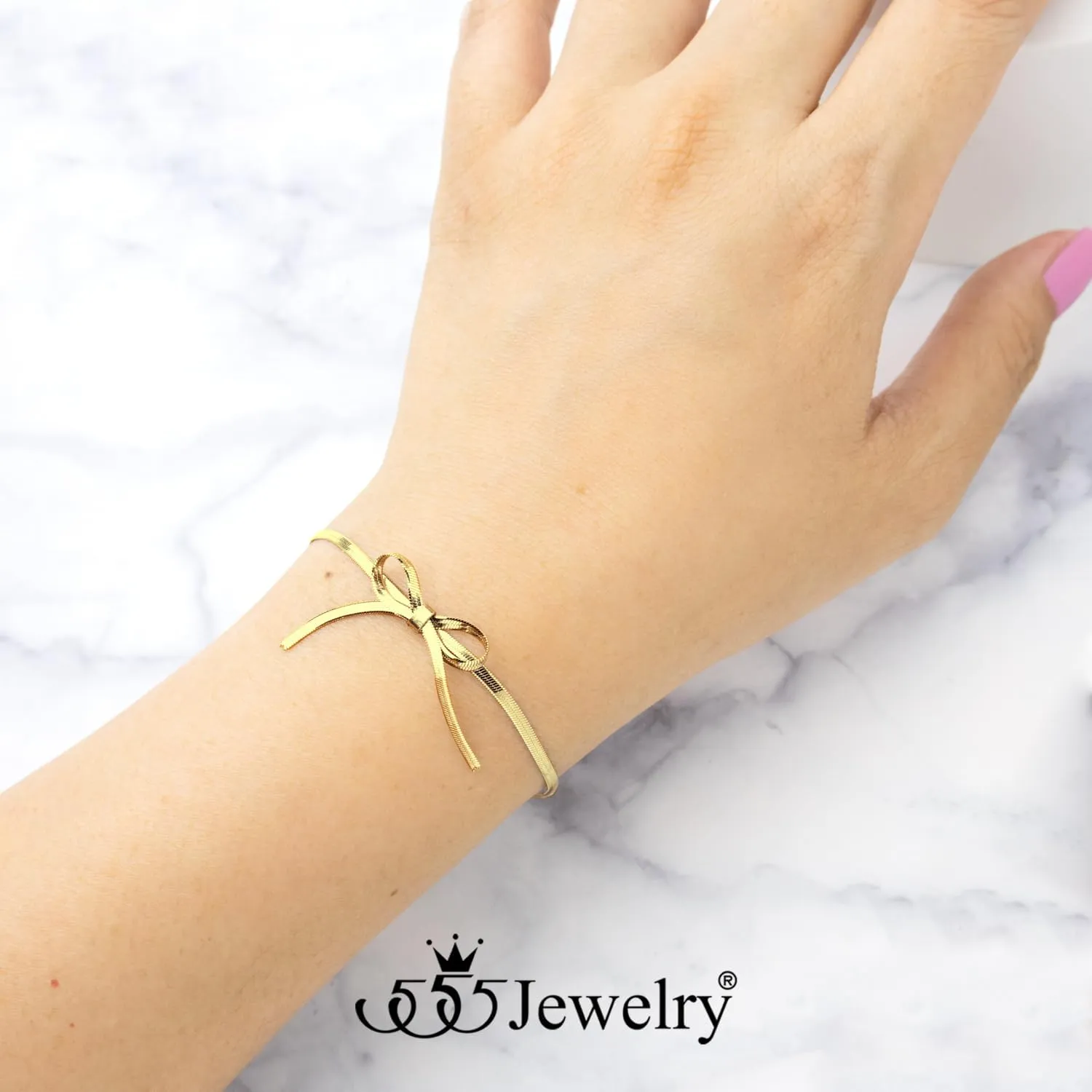 555Jewelry 5MM Stainless Steel Silver Herringbone Bracelet for Women | Bow Tie Silver Snake Chain Bracelet for Women | Flat Silver Bow Bracelet