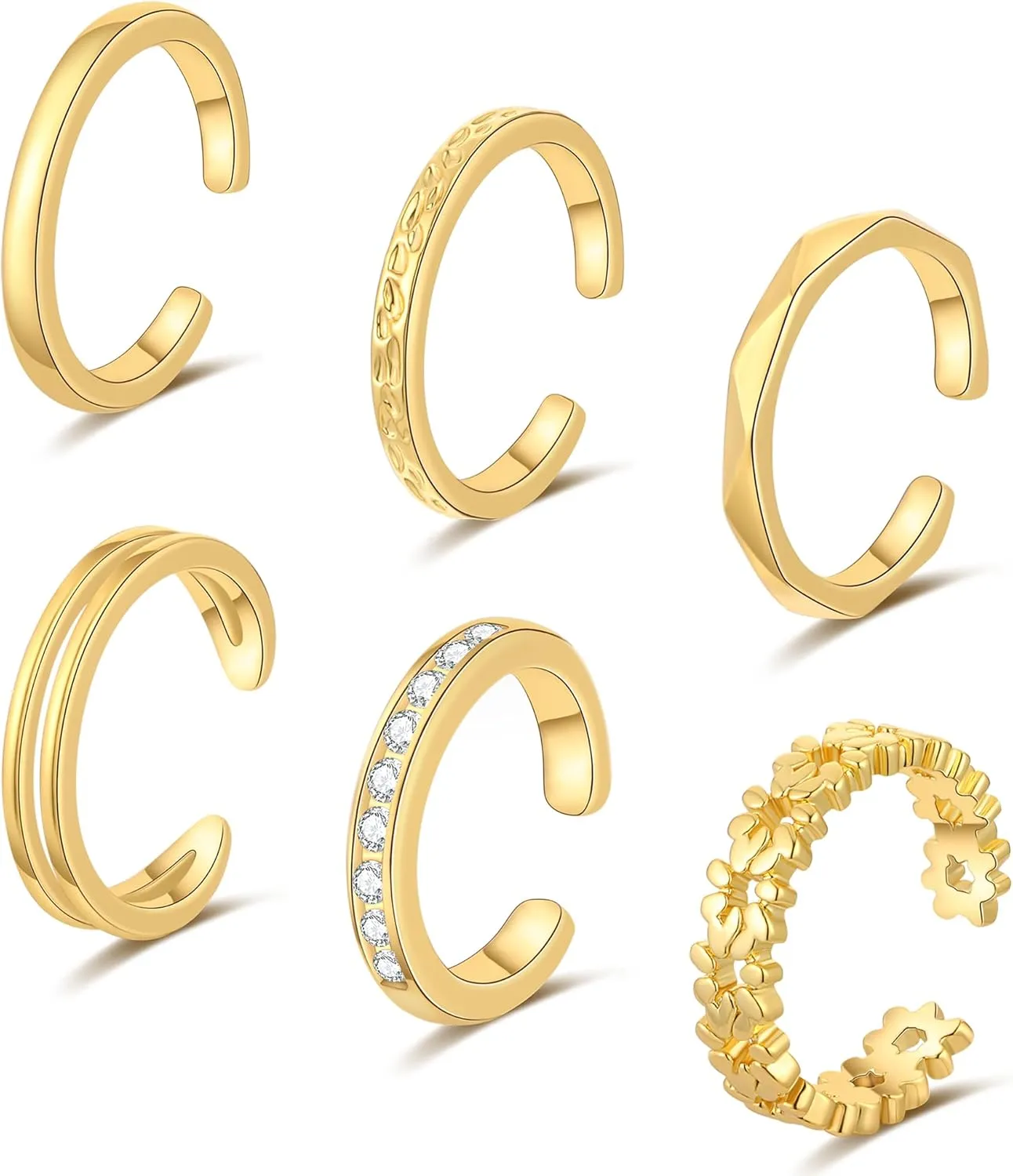 6PCS Toe Rings 14K Gold Filled Toe Ring for Women Adjustable Silver Rose Gold Toe Ring Set Summer Beach Open Toe Rings Foot Jewelry