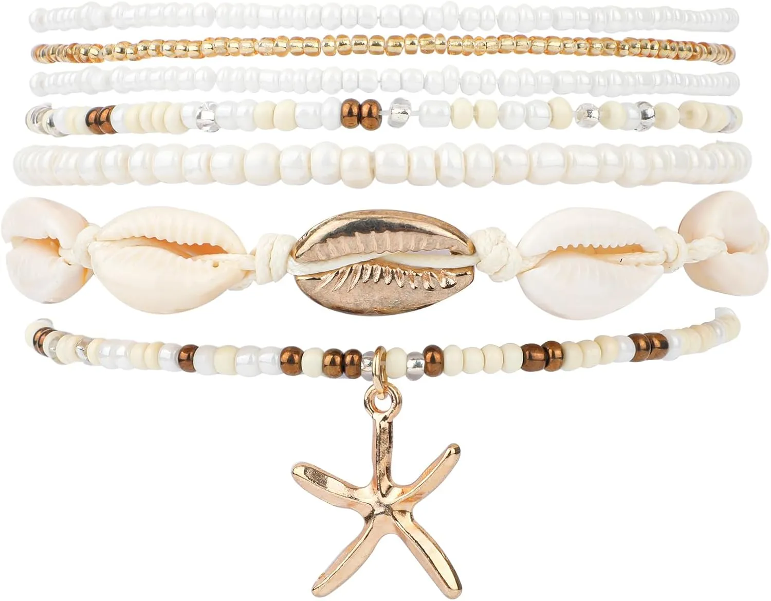 7pcs Summer Beach Bracelets for Women, Heishi Surfer Bracelets Stretch Starfish Shells Boho Beaded Set Friendship Bracelets Stackable Jewelry Accessories Gifts for Beach Party, Vacations