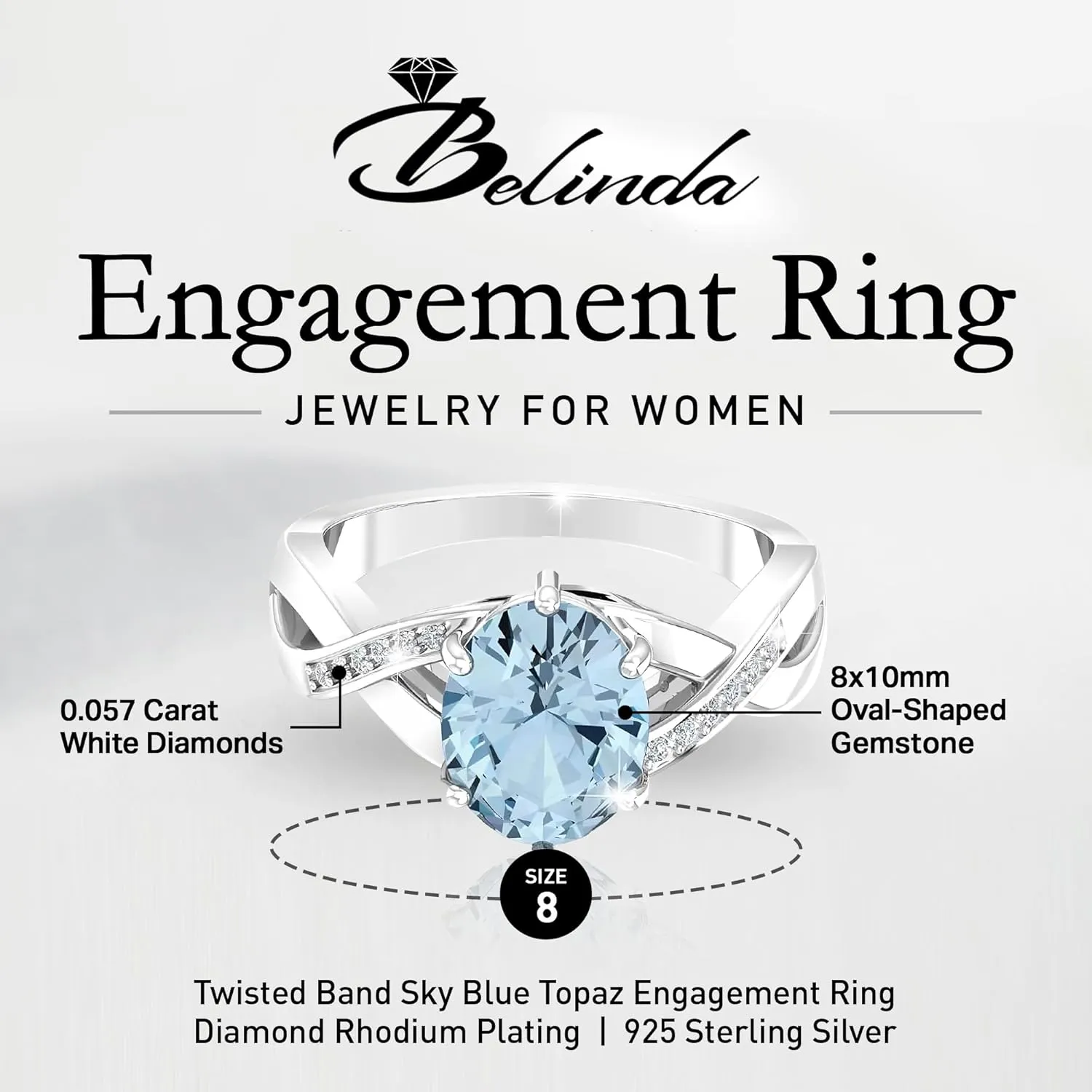 925 Solid Real Sterling Silver 8x10 mm Oval Gemstone Prong Setting Diamond Rhodium Plated Engagement Wedding Classic Womens Fine Jewelry Twisted Band Ring