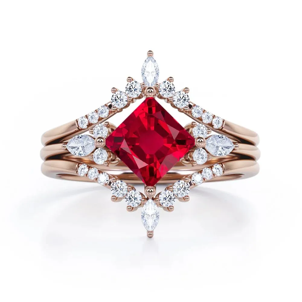 925 Sterling Silver Solitaire Ruby Double Crown 1.25 carat Princess Lab-Created Ruby and Diamond Trio Ring Set in White Gold - Mother's Day, Anniversary - Personalize Name Engraving Gifts for Her