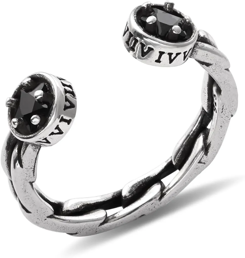 925 Sterling Silver Stackable Black Onyx Rings Adjustable Vintage Statement Gothic Style Cool Rings with Initial
