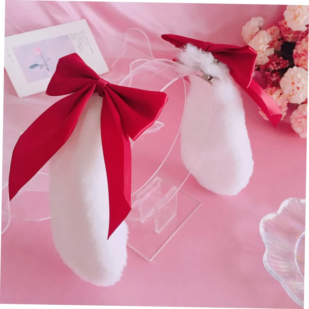 ABOOFAN 4pcs Bunny Ears Hair Clips Handmade Lolita Barrettes Bowknot for Halloween Birthday Cosplay Parties Lightweight and Decorative Hair Accessories