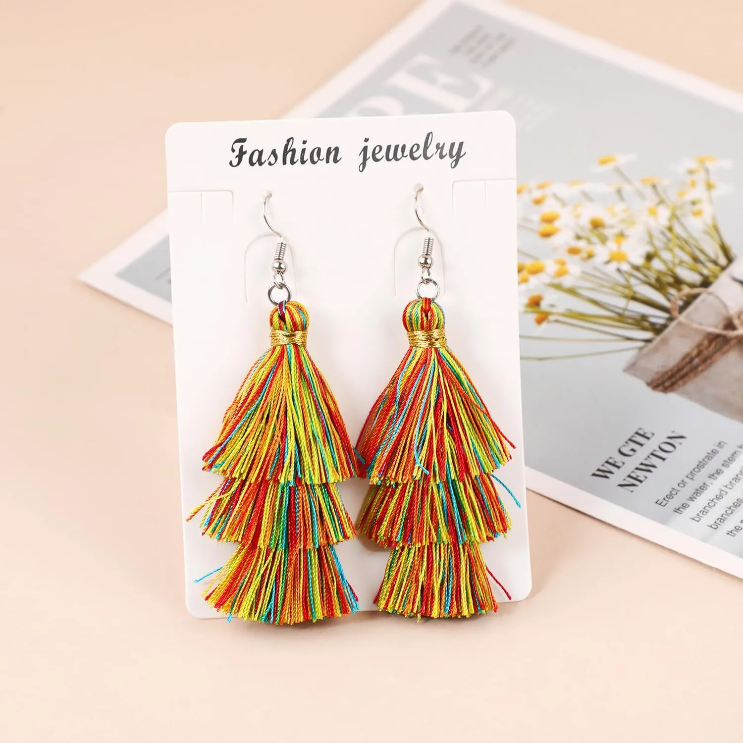 AD Beads Fashion Charm Crystal Silk Tassel 3 Layers Fan Fringe Dangle Earrings designer costume jewelry
