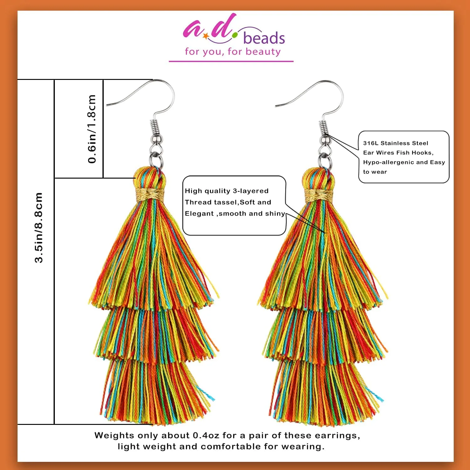 AD Beads Fashion Charm Crystal Silk Tassel 3 Layers Fan Fringe Dangle Earrings designer costume jewelry