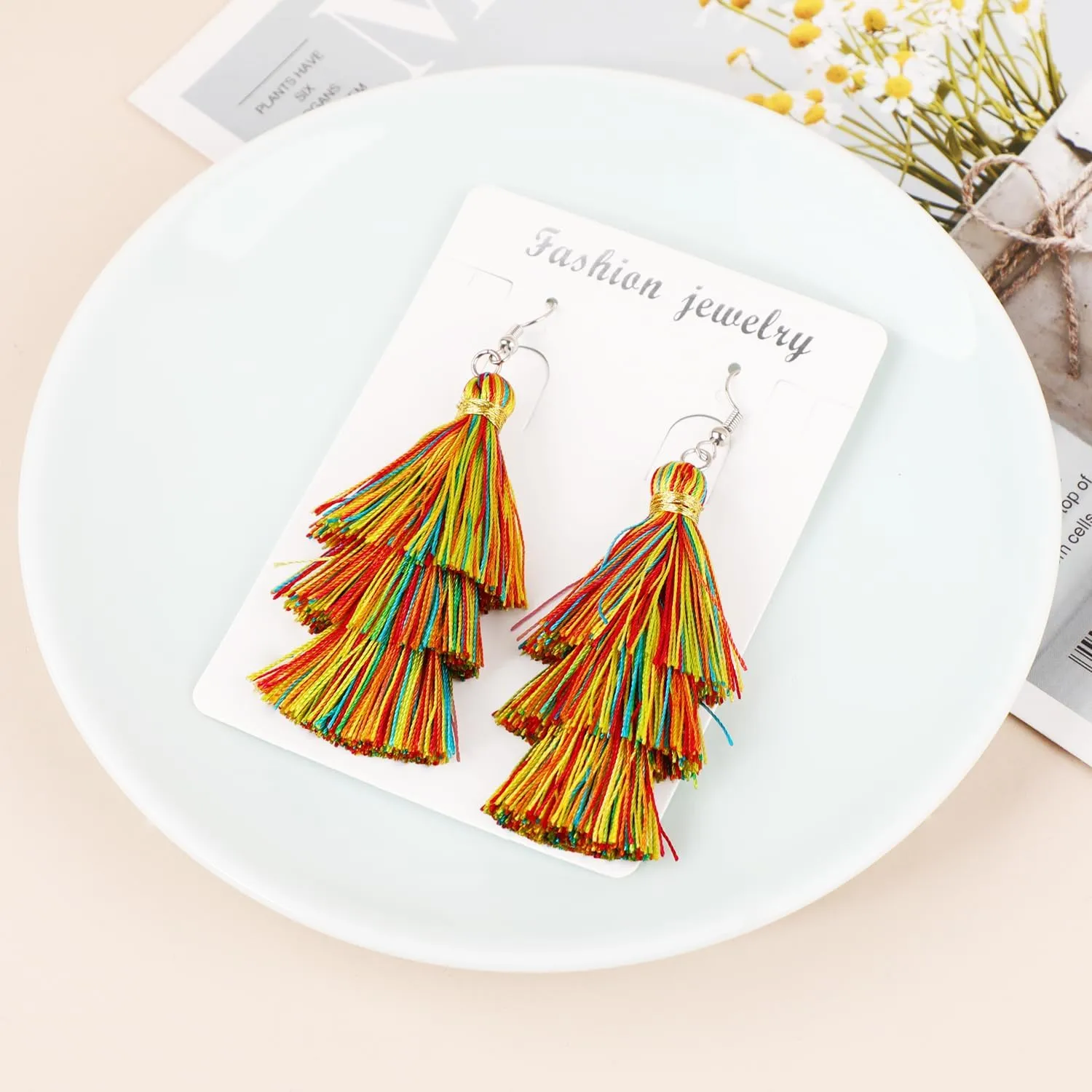 AD Beads Fashion Charm Crystal Silk Tassel 3 Layers Fan Fringe Dangle Earrings designer costume jewelry