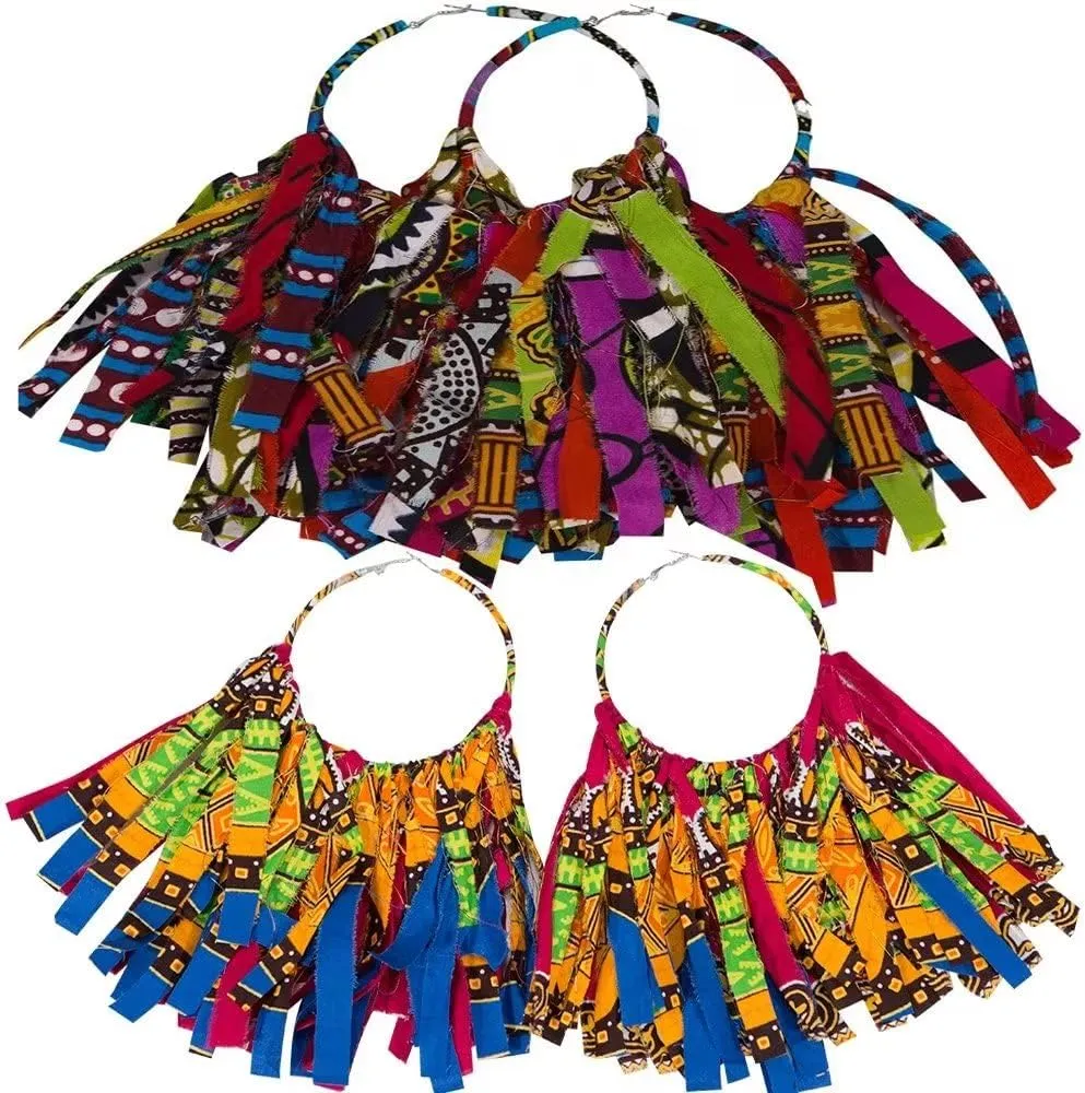 African Fabric Tassel Earrings Set for Ankara Fringe Hoop Earrings for Women