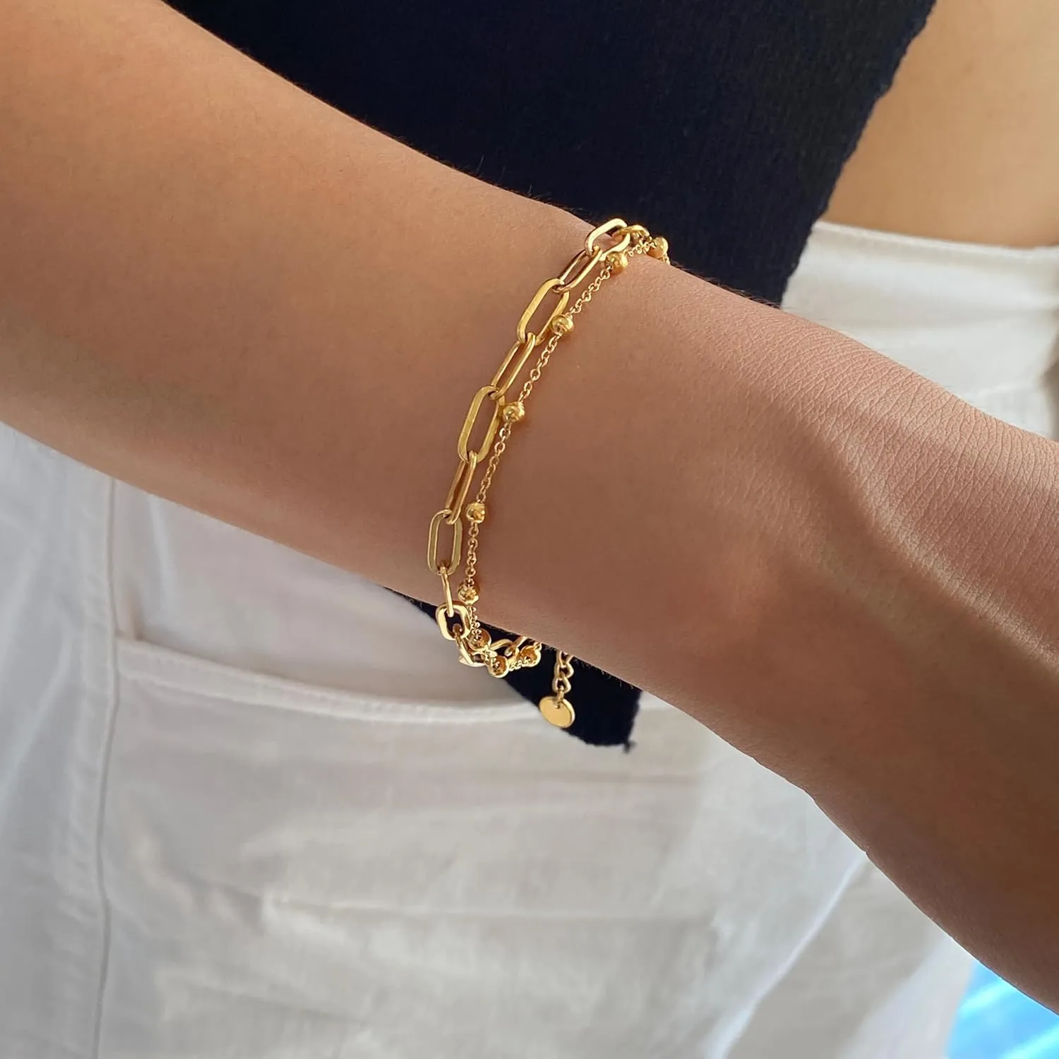 Aluinn Oval Bead Chain Bracelet Layered Bracelets Gold Plated Bracelets link Chain Adjustable Dainty Gold Jewelry for Women