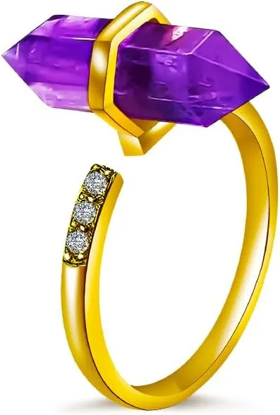 Amethyst Ring - Adjustable Golden Purple Gemstone for Women, Elegant February Birthstone Jewelry, Stylish Purple Statement Rings