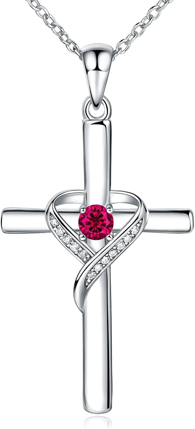 AmorAime 925 Sterling Silver Cross Necklace for Women Large Gold Cross Birthstone Faith Heart Necklaces for Easter Festival or Holiday