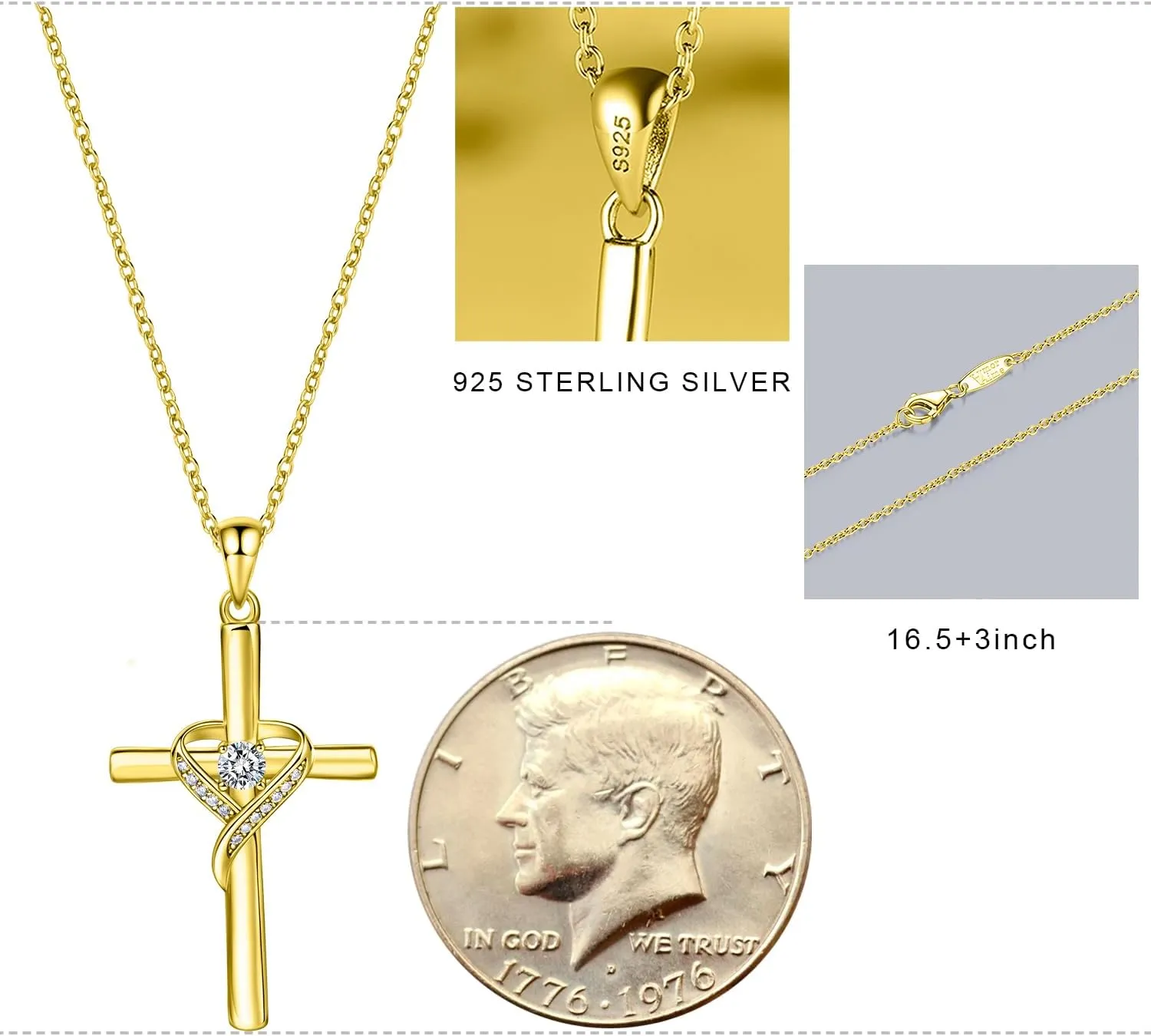 AmorAime 925 Sterling Silver Cross Necklace for Women Large Gold Cross Birthstone Faith Heart Necklaces for Easter Festival or Holiday