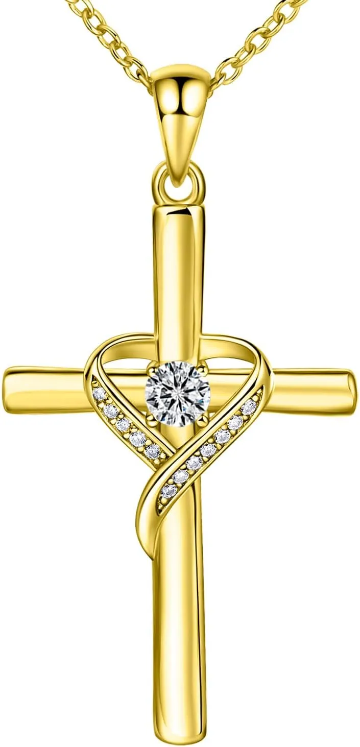 AmorAime 925 Sterling Silver Cross Necklace for Women Large Gold Cross Birthstone Faith Heart Necklaces for Easter Festival or Holiday