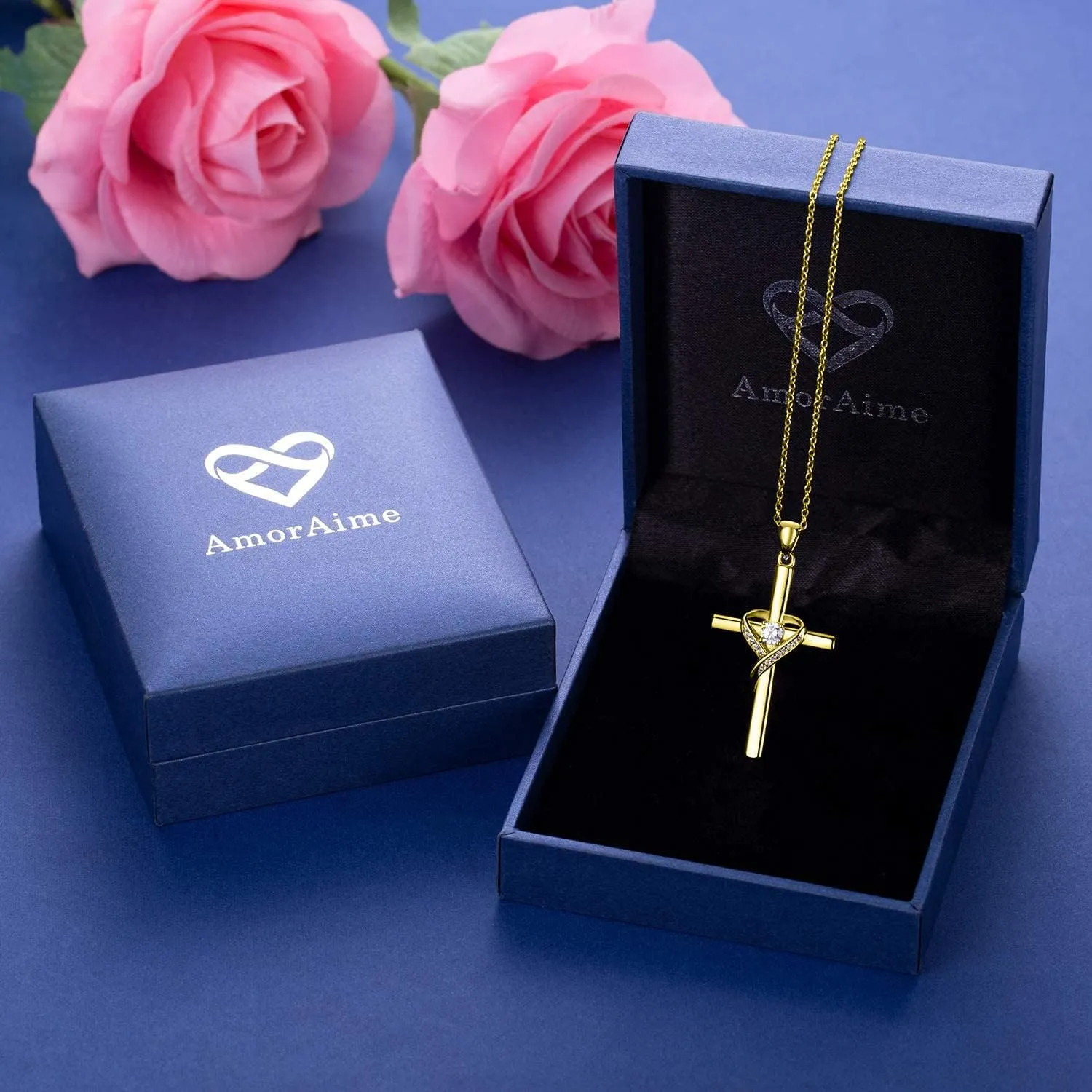 AmorAime 925 Sterling Silver Cross Necklace for Women Large Gold Cross Birthstone Faith Heart Necklaces for Easter Festival or Holiday