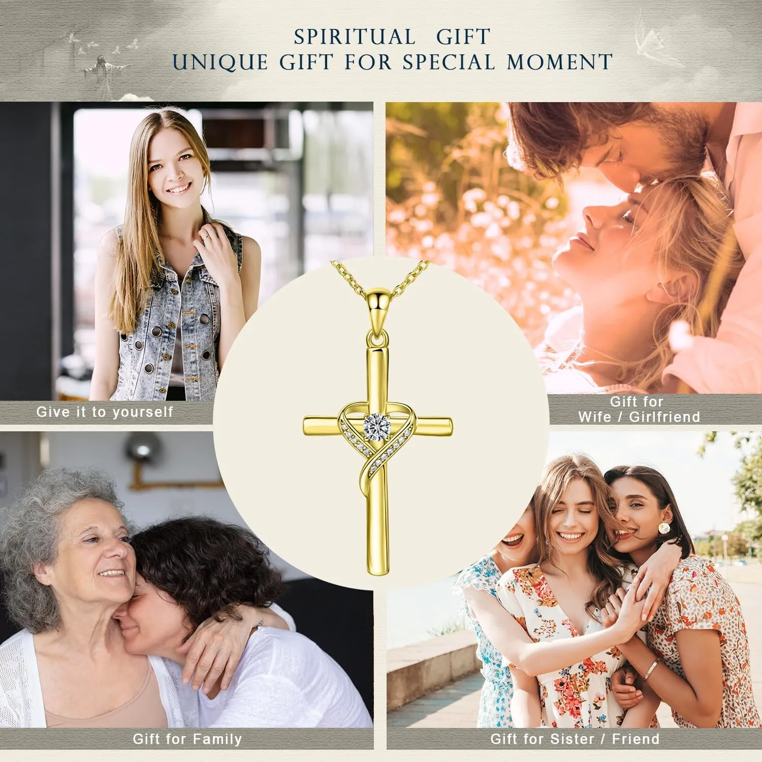 AmorAime 925 Sterling Silver Cross Necklace for Women Large Gold Cross Birthstone Faith Heart Necklaces for Easter Festival or Holiday