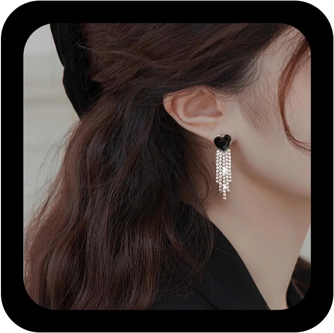 Andelaisi Boho Heart Rhinestone Tassel Earrings Crystal Tassel Drop Earrings Black Enamel Love Heart Earring Sparkly Cz Crystal Chandelier Earring Wedding Bridal Jewelry for Women