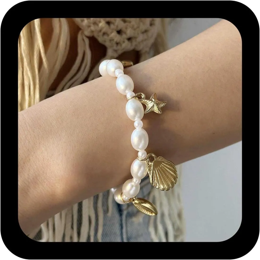 Andelaisi Boho Shell Pearl Chain Bracelet Vintage Seashell Starfish Hand Bracelets White Pearl Shell Slave Chain Bracelets Adjustable Hand Harness Link Bracelet Jewelry for Women